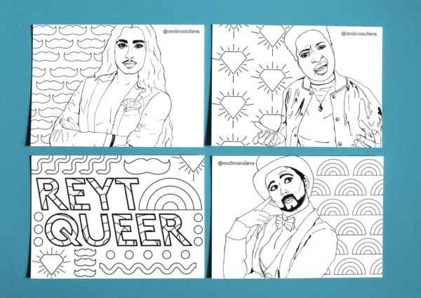 4 black and white postcards featuring the following designs - Christian Adore, Sammy Silver, Bad Lay-Dee and the words Reyt Queer with patterns. Christian Adore has long hair and a moustache and is wearing a dinner jacket and open chest. Bad Lay Dee is a non binary Black Person and wears a bomber jacket and is surrounded by shining diamonds. Sammy Silver is white and he is wearing a top hat and tailcoat with a black beard. He is surrounded by rainbow shapes.