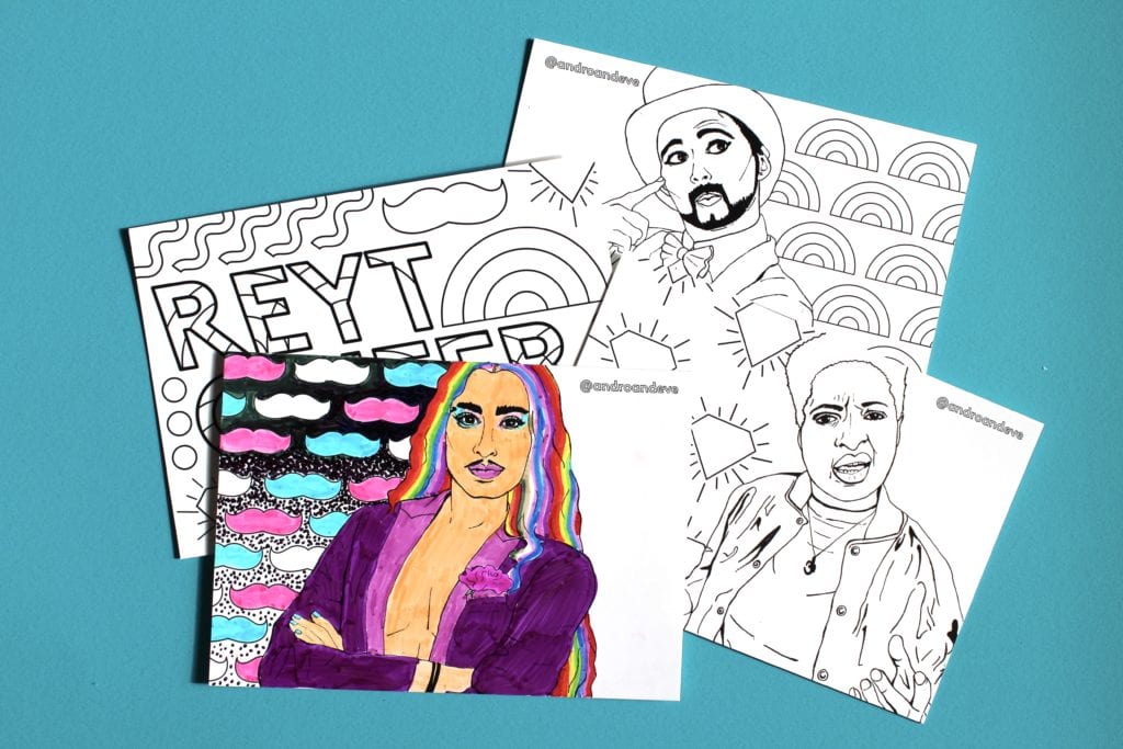 4 postcards with different designs are laid on a turquoise surface. They feature hand drawn images. One is of rapper, Bad Lay-Dee, one of drag king Sammy Silver and the other Christian Adore. The fourth depicts the words 'Reyt Queer' with patterns including moustaches and rainbows around the words. The postcard of Christian has been coloured in with vibrant colours. 