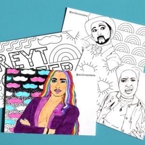 4 postcards with different designs are laid on a turquoise surface. They feature hand drawn images. One is of rapper, Bad Lay-Dee, one of drag king Sammy Silver and the other Christian Adore. The fourth depicts the words 'Reyt Queer' with patterns including moustaches and rainbows around the words. The postcard of Christian has been coloured in with vibrant colours.