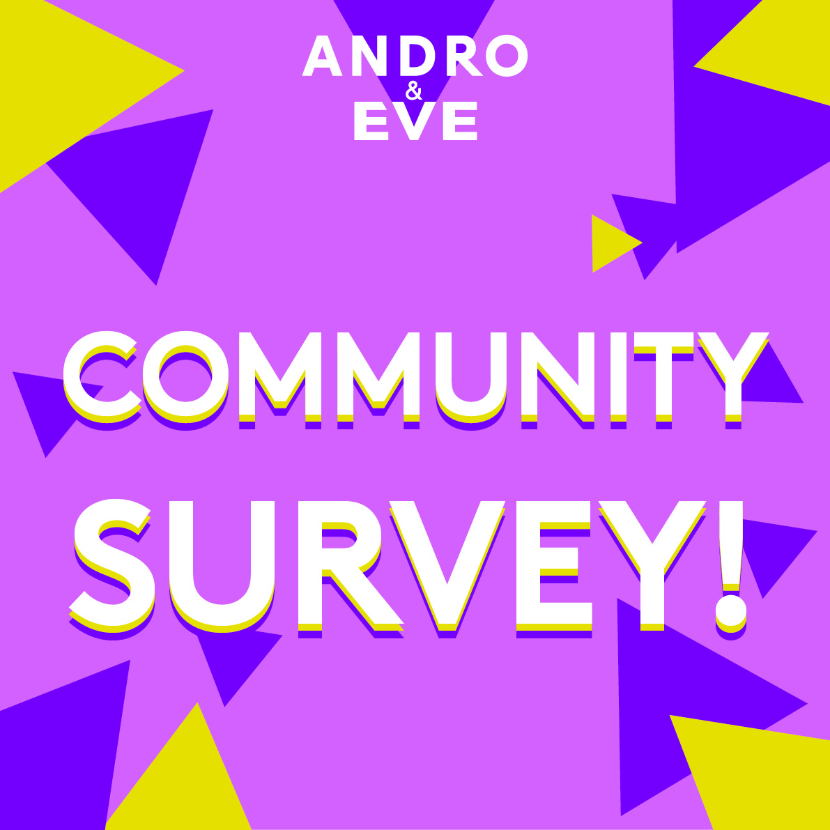 The words, community survey, are placed on the centre of a pink square tile. They are surrounded by triangle shapes in purple and yellow. The Andro and Eve logo sits at the top, whch features the words Andro and Eve in white, over a purple inverted triangle.