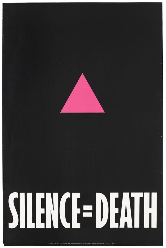 a pink triangle on a black background is over the words Silence = Death in bold white writing. 