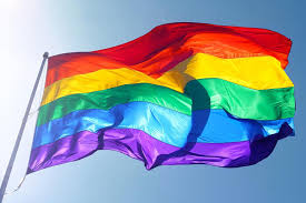 a 6 stripe rainbow pride flag flies against a blue sky