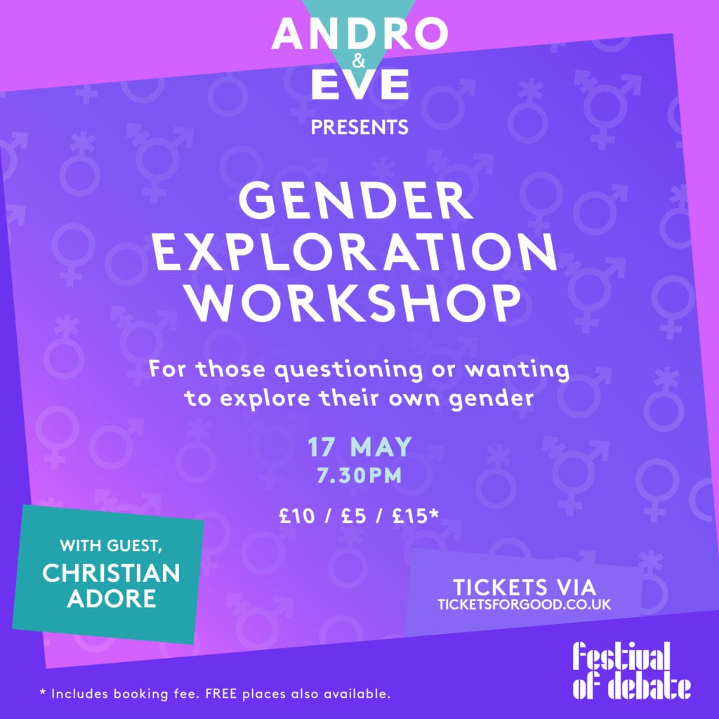 The words 'Gender Exploration Workshop' are set against a purple and pink blended background. The Andro and Eve logo sits at the top in turquoise and white.