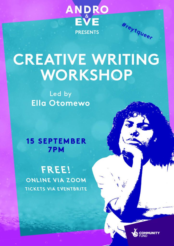 A turquoise poster with wonky pink borders, has a A Black woman with mid length curly hair sitting with her hand on her chin. She is posterised in blue and white. The title of the poster is Creative Writing Workshop. The Andro and Eve logo in purple and white sits at the top and centre of the poster.