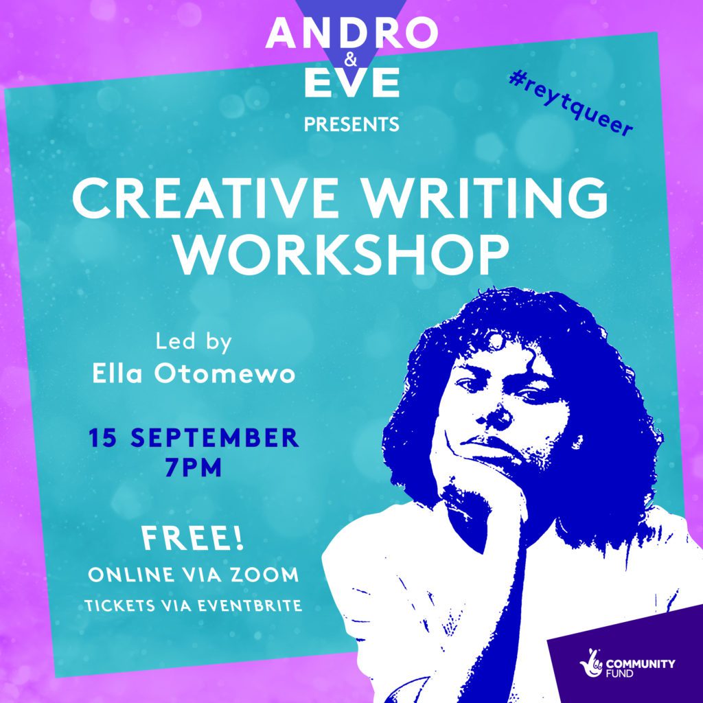A turquoise poster with wonly pink borders, has a A Black woman with mid length curly hair sitting with her hand on her chin. She is posterised in blue and white. The title of the poster is Creative Writing Workshop. The Andro and Eve logo in purple and white sits at the top and centre of the poster.