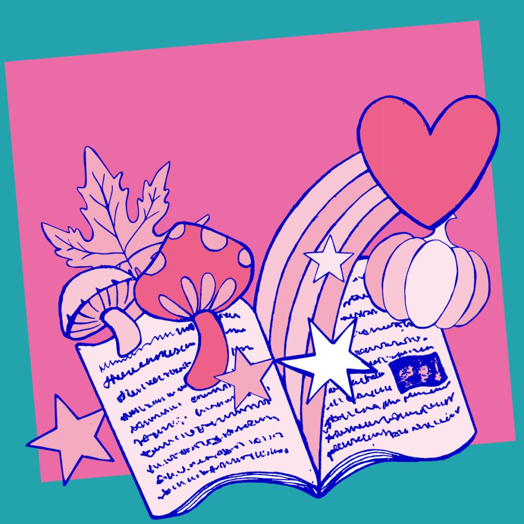 a pink square has an illustration of a zine in shades of pink in the centre. The zine has autumn themed things bursting out of it including leaves, mushrooms and pumpkin, along with a rainbow, hearts, and stars.