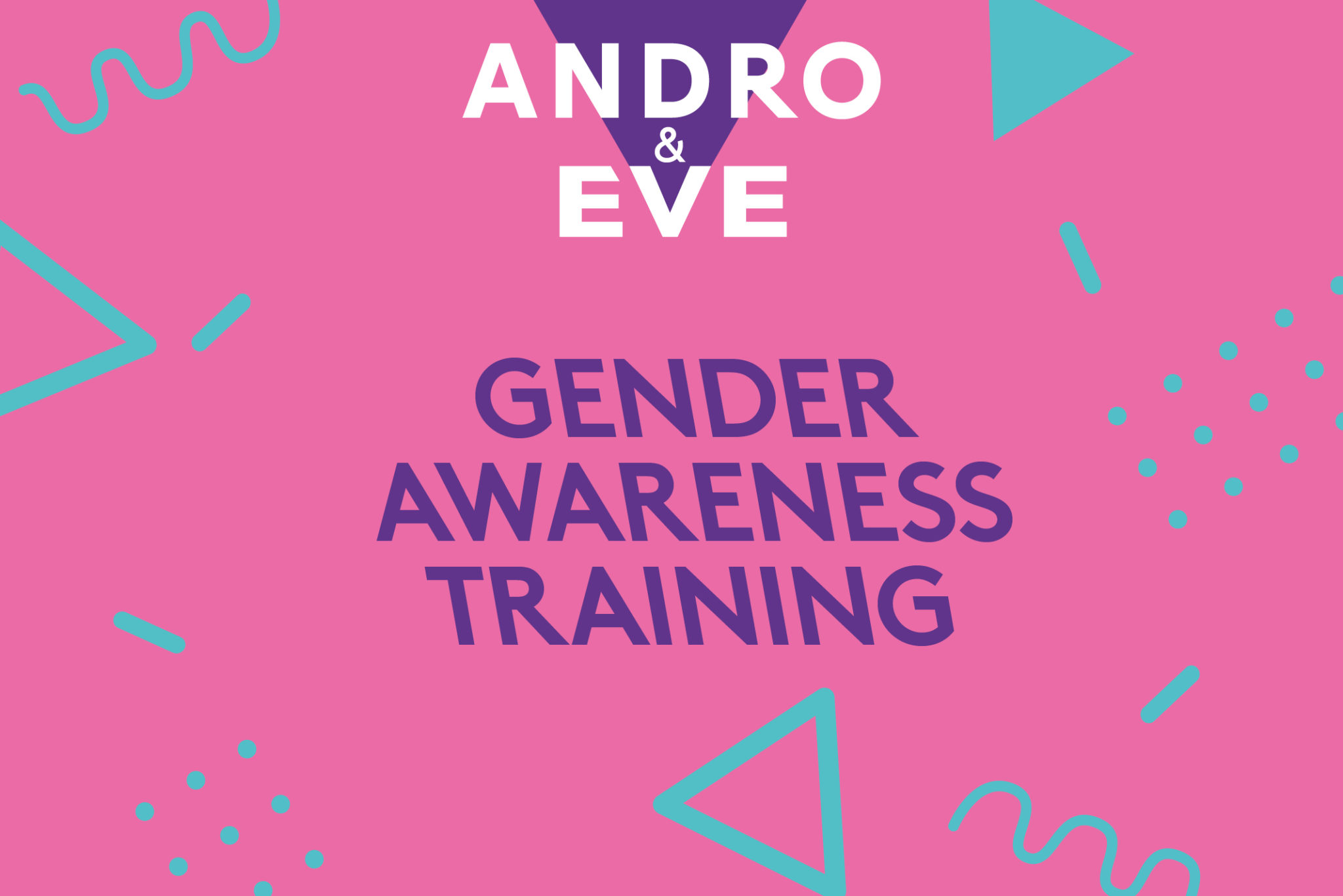 a pink square has turquoise squiggles and geometric shapes across it. At the top is Andro and Eve logo of inverted triangle in purple with white writing overlaid. In the centre of the image is the words Gender Awareness Training in purple text.