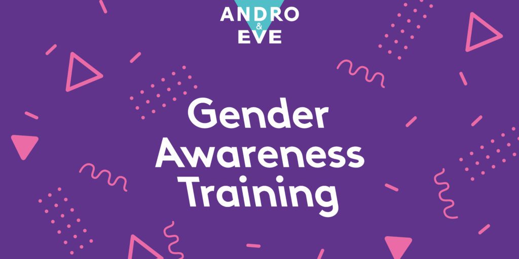 a purple rectangle is scattered with pink shapes with the words 'Gender Awareness Training' in white writing in the centre. Above is the Andro and Eve logo with turquoise inverted triangle overlaid with white text.