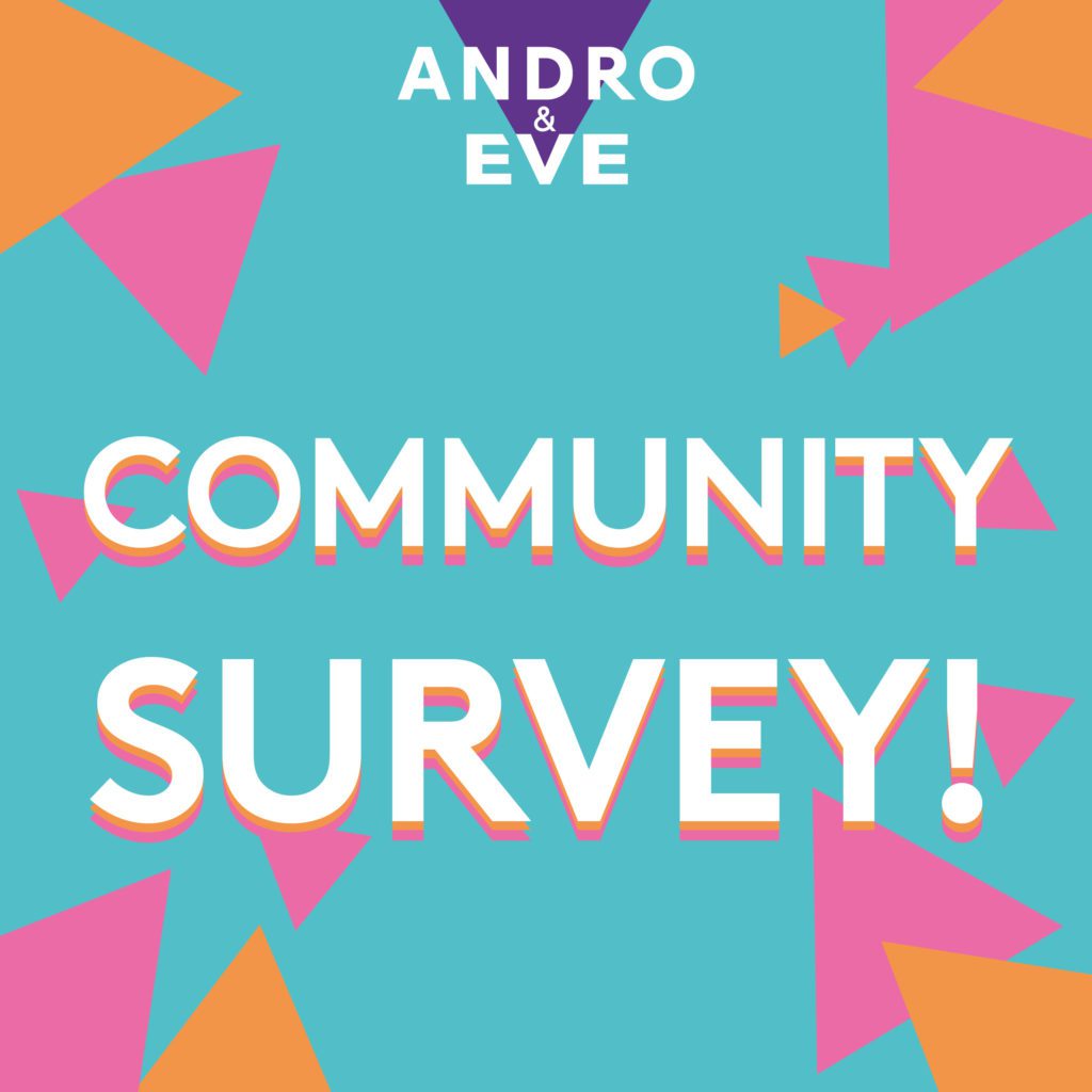 a turquoise square is scattered with orange and pink triangle shapes with the words 'Community Survey' in white text in the middle. The Andro and Eve logo of inverted purple triangle and white text sits at the top.