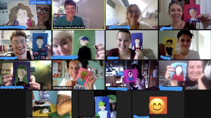 A screenshot of a zoom window screen showing about 16 people smiling while holding up their finished felt faces, 2D felt portraits designed by Seleena Laverne Daye, a Black artist who holds up her sample portrait on the screen too