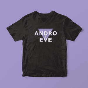 A short sleeved black T Shirt with the Andro and Eve logo with inverted lilac logo and white writing overlaid printed in the centre of the chest