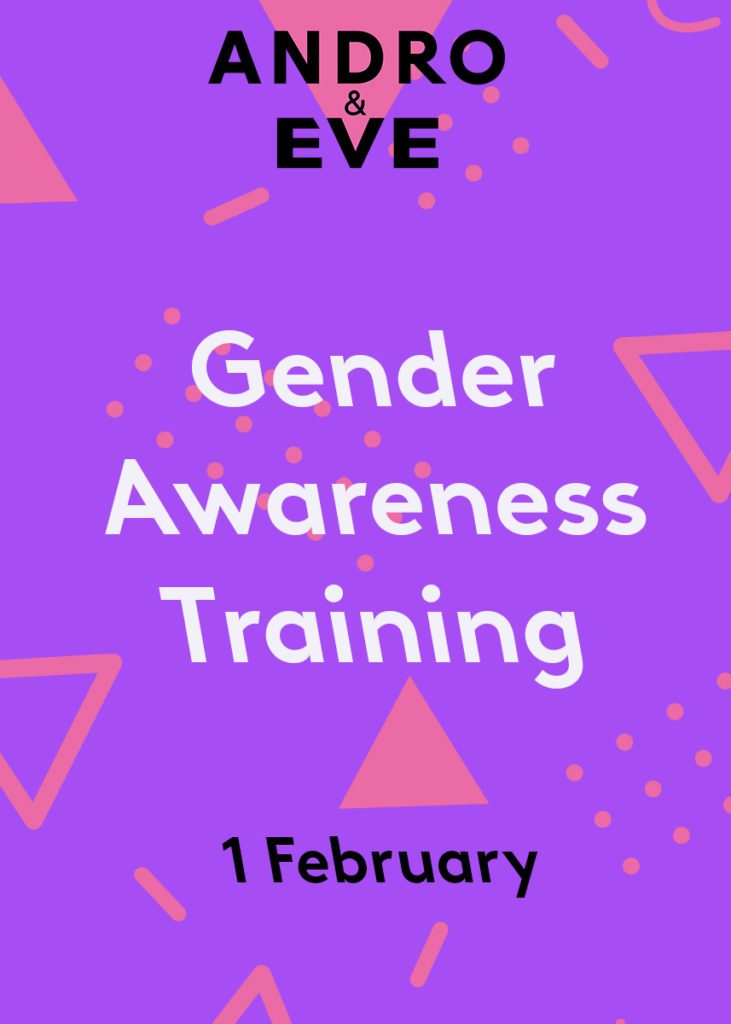 A purple square is scattered with pink geometric and curvy shapes. In white text in the centre are the words ‘ Gender Awareness Training’. The Andro and Eve logo with an inverted pink triangle and black text sits at the top and centre of the graphic.