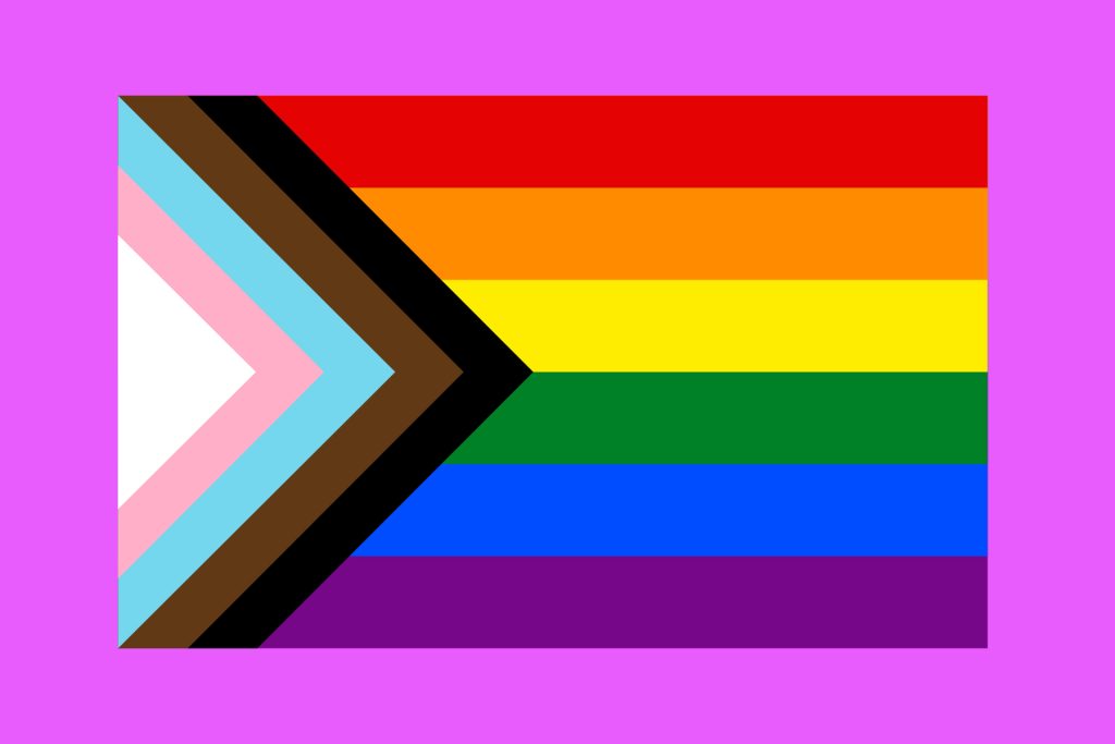 Pride Progress flag with 6 stripes and black and brown stripes and trans equality flag, on pink background