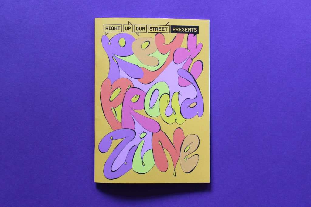 Reyt proud zine - yellow A5 zine with swirling writing on purple background