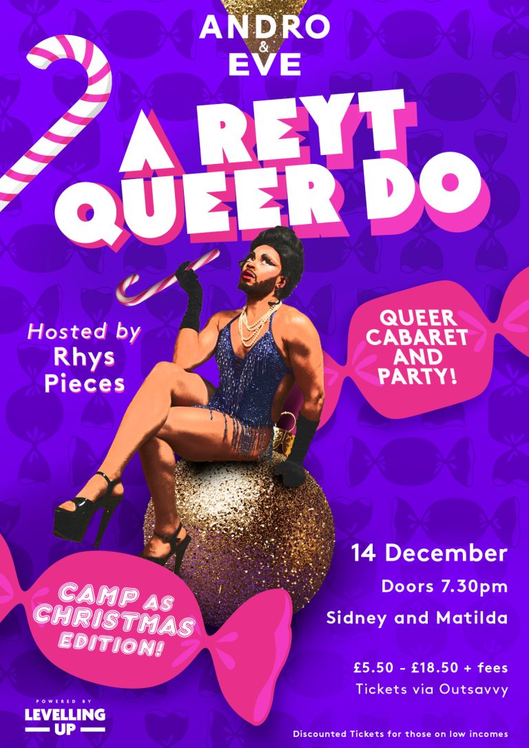 A purple poster with purple sweets scattered across has graphics of pink wrapped sweets and pink and white candy canes scattered across. In the centre, sat on a gold sparkly bauble is Rhys Pieces. Rhys wears a tiny beaded blue dress and black platform heels and beehive wig.