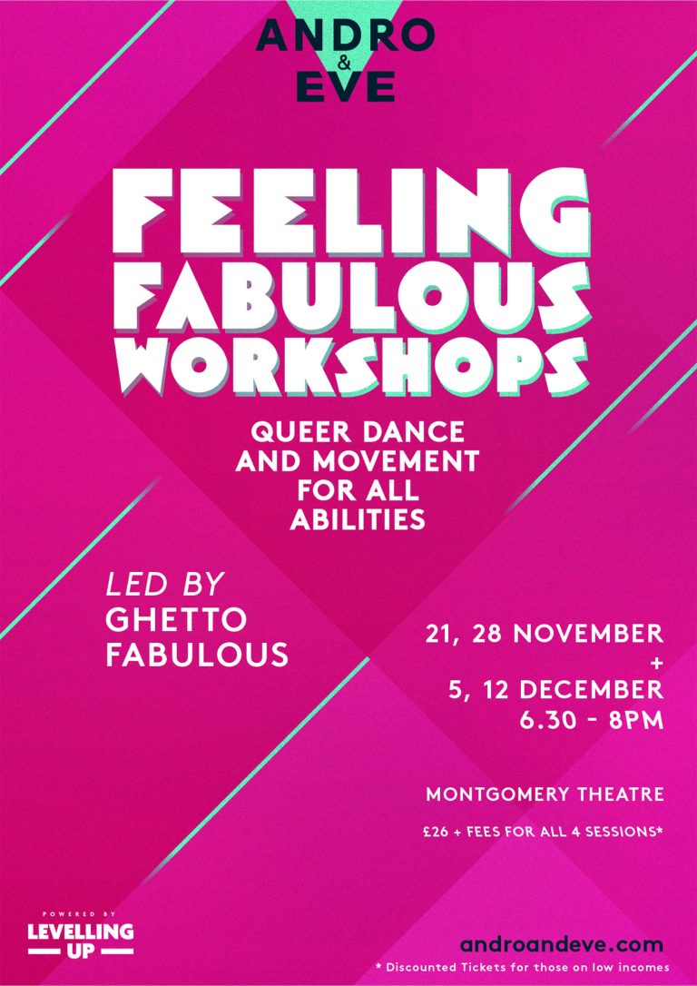 Pink poster with diamond shapes in pink tones highlighted with green lines. White text reads, Feeling Fabulous Workshops, Queer dance and movement for all abilities.