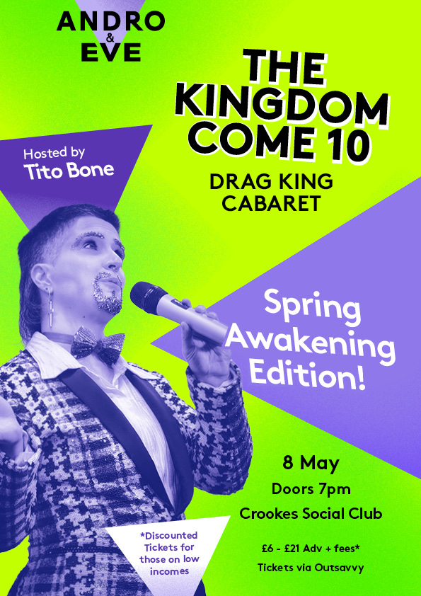 A green graphic poster with lavender shaped triangles at angles on it with text that reads ‘ The Kingdom Come 10, Spring Awakening Edition hosted by Tito Bone. A lavender toned image of Tito is on the left hand side.