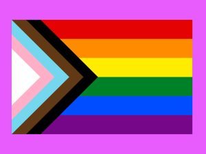 Pride Progress flag with 6 stripes and black and brown stripes and trans equality flag, on pink background